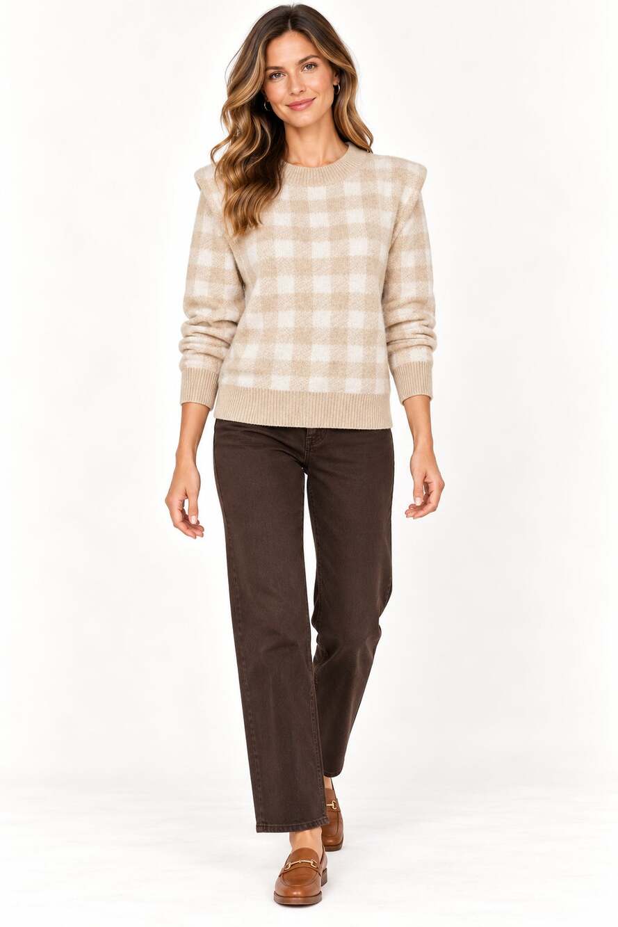 Evereve Collette Checkered Strong Shoulder Sweater M NWT Beige Cream Plaid